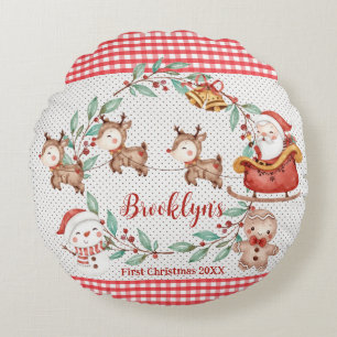 Cute Santa Claus Reindeer Snowman 1st Christmas Round Pillow