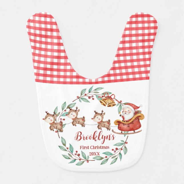 Cute Santa Claus Reindeers 1st Christmas Birthday  Baby Bib (Front)