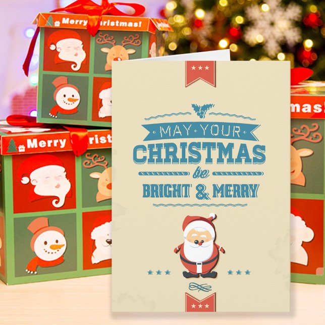 Cute Santa Claus Ribbon Blue Typographic Holiday Card (Creator Uploaded)