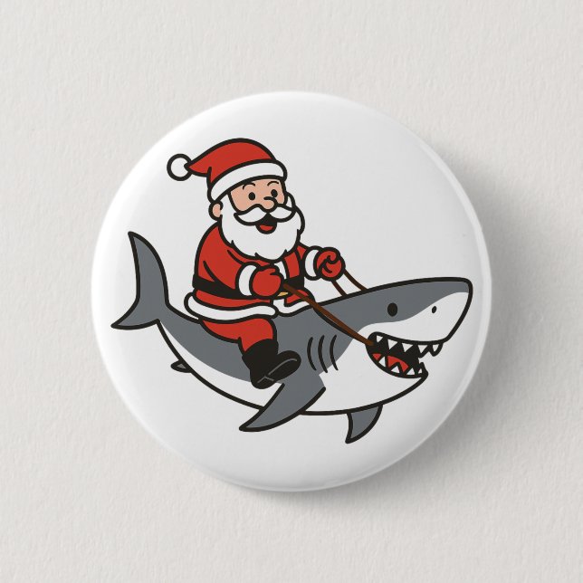 Cute Santa Claus Riding a Shark Funny Christmas Button (Front)