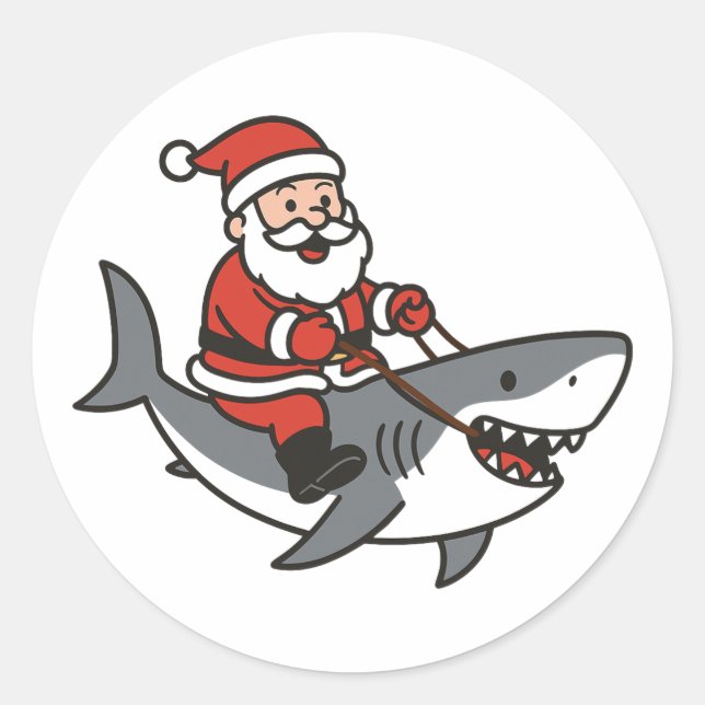 Cute Santa Claus Riding a Shark Funny Christmas Classic Round Sticker (Front)