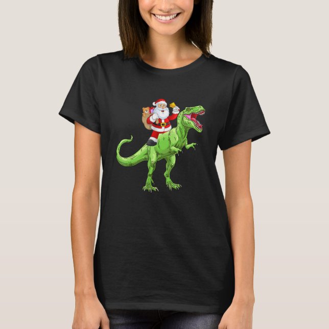 Cute Santa Claus Riding Dinosaur rex Boys Christma T-Shirt (Front)