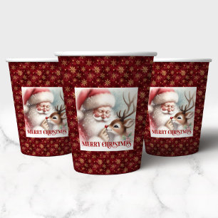 Cute Santa Claus & Rudolph Cartoon Christmas Paper Paper Cups