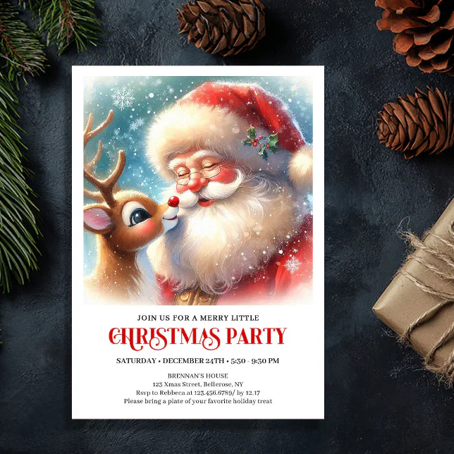 Santa Comic Invitations Cute Santa Claus Rudolph Holiday Family Joy Party Invitation | Zazzle