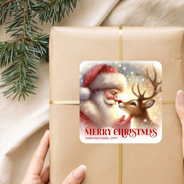Cute Santa Claus Rudolph Personalized Holiday Kids Square Sticker (Cute Santa Claus Rudolph Personalized Holiday Kids Gift Sticker

)