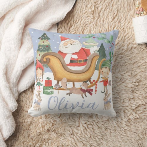 Cute Santa Claus Sleigh Elves Holidays Christmas  Throw Pillow