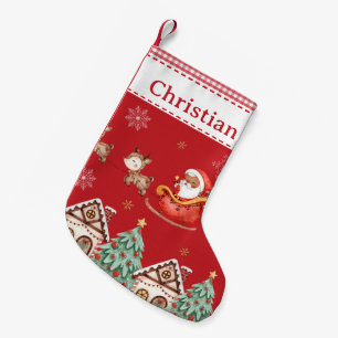 Cute Santa Claus Sleigh Reindeer Gingerbread House Small Christmas Stocking