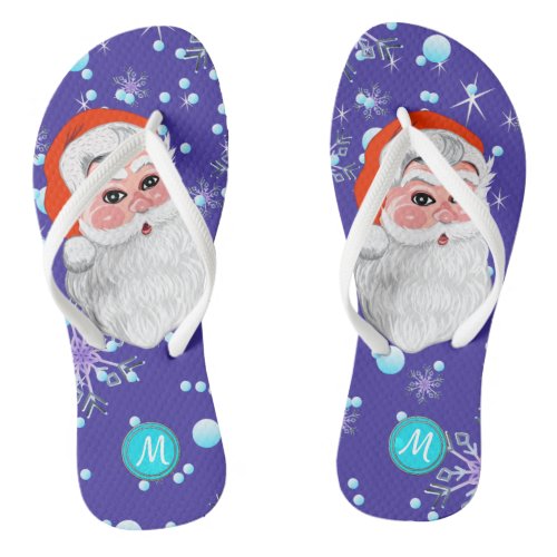 Cute Santa Claus  Snowfall Christmas monogram Flip Flops