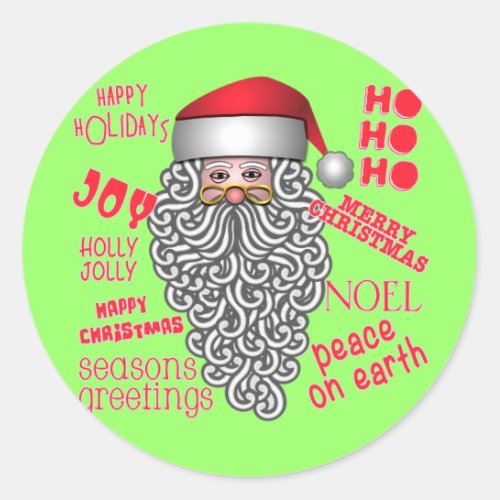 Cute Santa Claus Surrounded by Xmas Words Classic Round Sticker