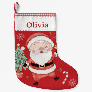 Cute Santa Claus Tree Candy Cane Red Gingham Small Christmas Stocking