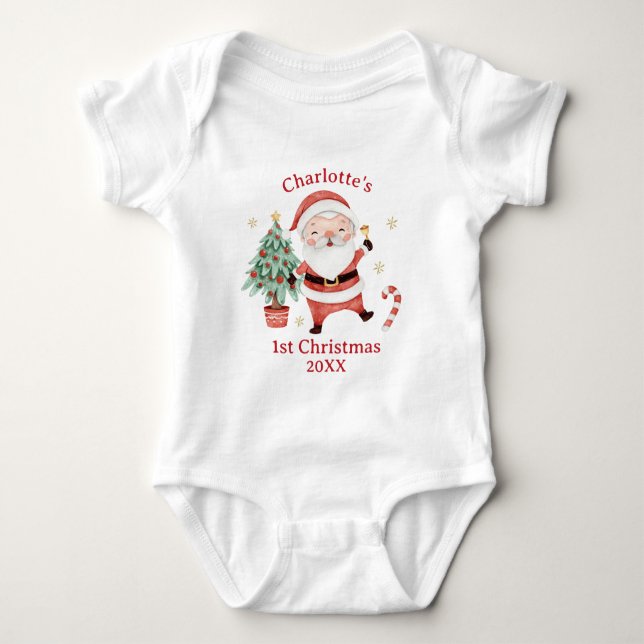 Cute Santa Claus Tree Candy First 1st Christmas Baby Bodysuit (Front)