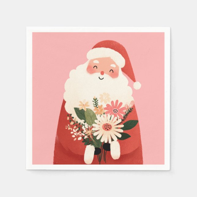 Cute Santa Claus with Flowers Pink Christmas  Napkins (Front)