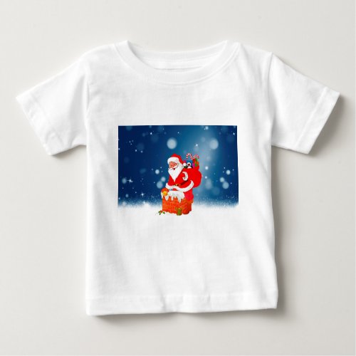Cute Santa Claus with Gift Bag Christmas Snow Star Baby T_Shirt