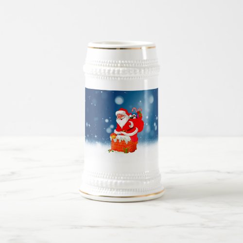 Cute Santa Claus with Gift Bag Christmas Snow Star Beer Stein