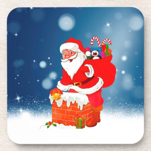 Cute Santa Claus with Gift Bag Christmas Snow Star Beverage Coaster