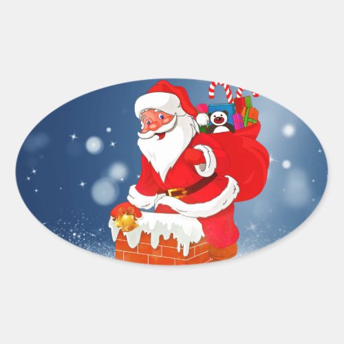 Cute Santa Claus with Gift Bag Christmas Snow Star Oval Sticker