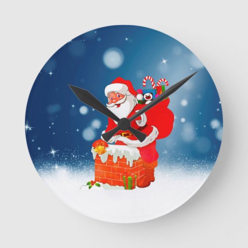 Cute Santa Claus with Gift Bag Christmas Snow Star Round Clock