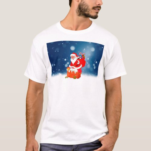 Cute Santa Claus with Gift Bag Christmas Snow Star T_Shirt