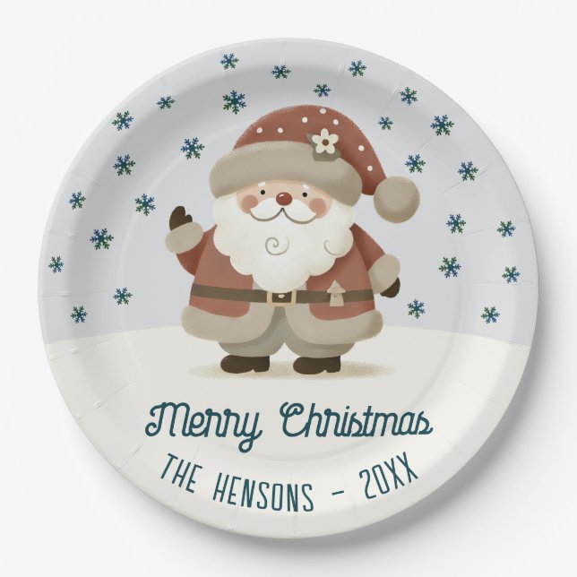 Cute Santa Clause Snowflakes Drawing Christmas Paper Plates (Front)