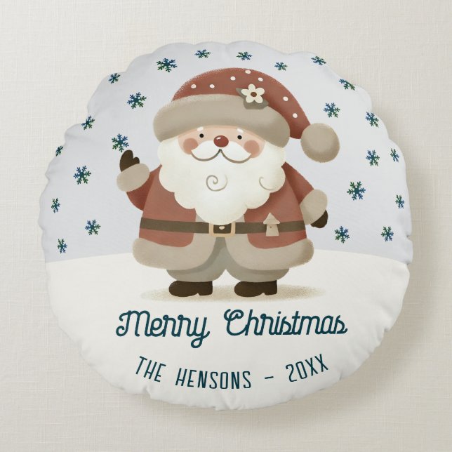 Cute Santa Clause Snowflakes Drawing Christmas Round Pillow (Front)
