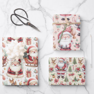 Cute Santa Clauses Sleighs Presents and Reindeer Wrapping Paper Sheets