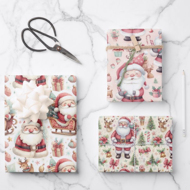 Cute Santa Clauses Sleighs Presents and Reindeer Wrapping Paper Sheets (Front)