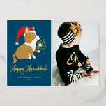 Cute Santa Corgi Photo Blue Happy Hanukkah Foil Holiday Card<br><div class="desc">Happy Hanukkah! Send your festive greetings with this customizable gold foil Hanukkah photo flat card. It features an adorable corgi wearing a Santa hat. Personalize by adding a photo,  names,  year and other details. This cute corgi photo Hanukkah flat card is available in other foil colors.</div>