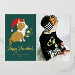 Cute Santa Corgi Photo Green Happy Hanukkah Foil Holiday Card<br><div class="desc">Happy Hanukkah! Send your festive greetings with this customizable gold foil Hanukkah photo flat card. It features an adorable corgi wearing a Santa hat. Personalize by adding a photo,  names,  year and other details. This cute corgi photo Hanukkah flat card is available in other foil colors.</div>