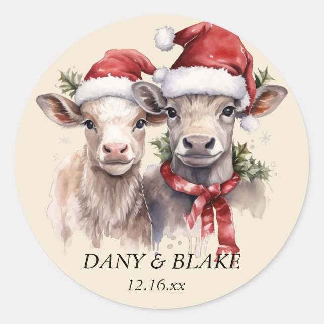 Cute Santa Cows Christmas Winter Wedding Sticker (Front)