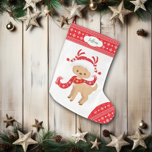 Cute Santa Deer with Scarf Personalized Large Christmas Stocking