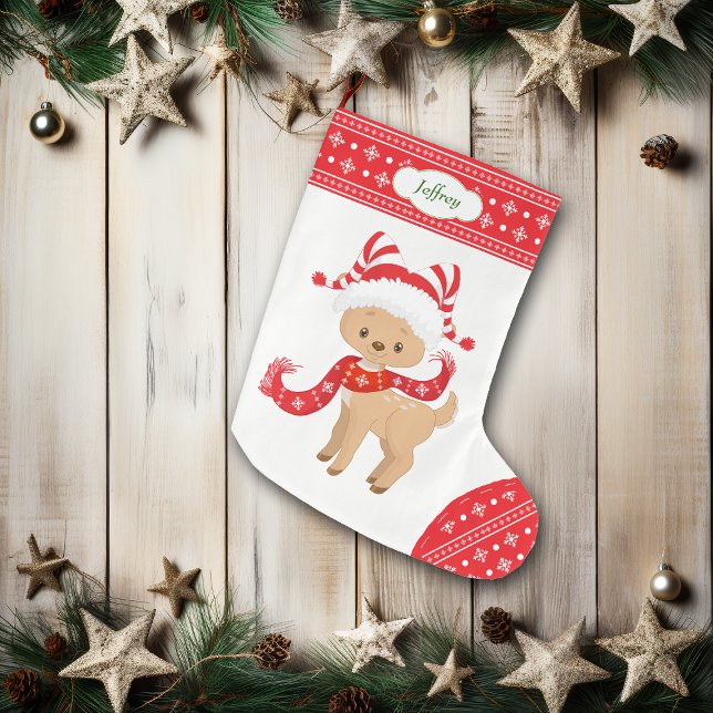 Cute Santa Deer with Scarf Personalized Large Christmas Stocking (Creator Uploaded)