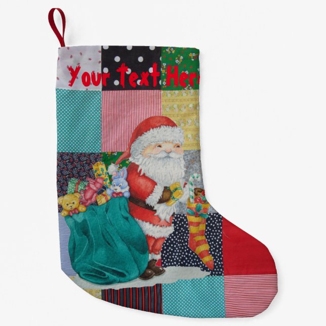 Cute santa delivering gifts tradition patchwork small christmas stocking (Front)