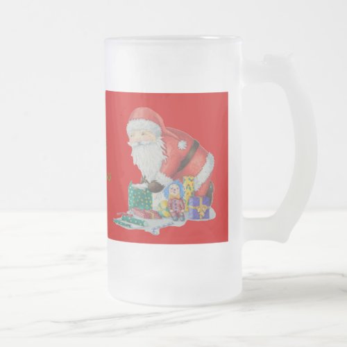 cute santa design getting ready for christmas frosted glass beer mug