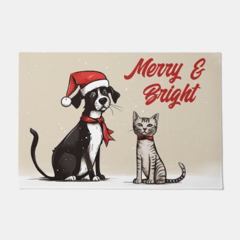 Cute Santa Dog And Cat Merry And Bright Christmas Doormat by TheCutieCollection at Zazzle