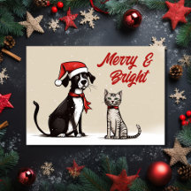 Cute Santa Dog and Cat Merry and Bright Christmas