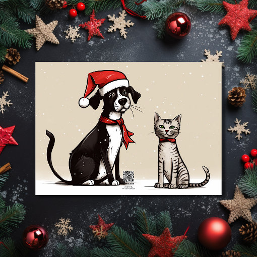 Cute Santa Dog and Cat Merry and Bright Christmas Holiday Card | Zazzle