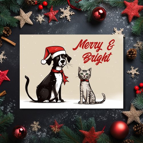 Cute Santa Dog and Cat Merry and Bright Christmas Holiday Card