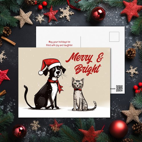 Cute Santa Dog and Cat Merry and Bright Christmas Holiday Postcard