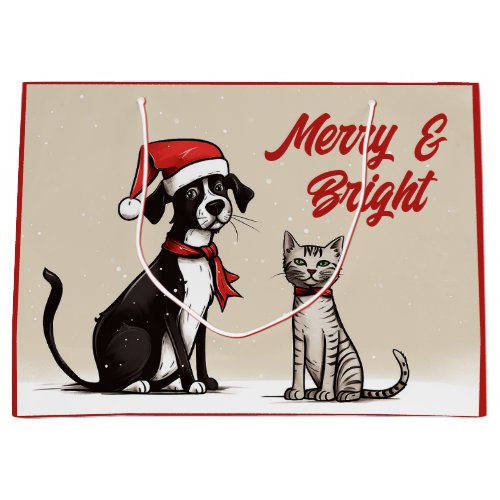 Cute Santa Dog and Cat Merry and Bright Christmas Large Gift Bag