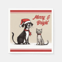 Cute Santa Dog and Cat Merry and Bright Christmas
