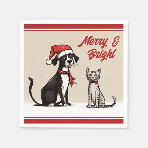 Cute Santa Dog and Cat Merry and Bright Christmas  Napkins