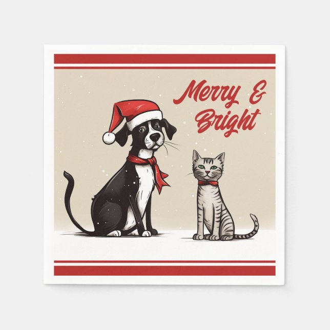 Cute Santa Dog and Cat Merry and Bright Christmas  Napkins (Front)