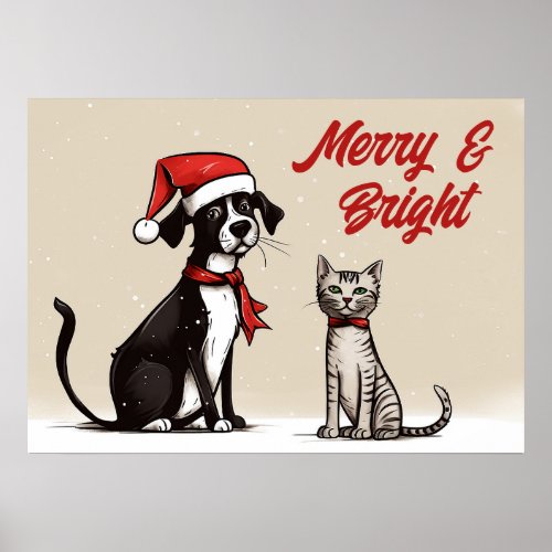 Cute Santa Dog and Cat Merry and Bright Christmas Poster
