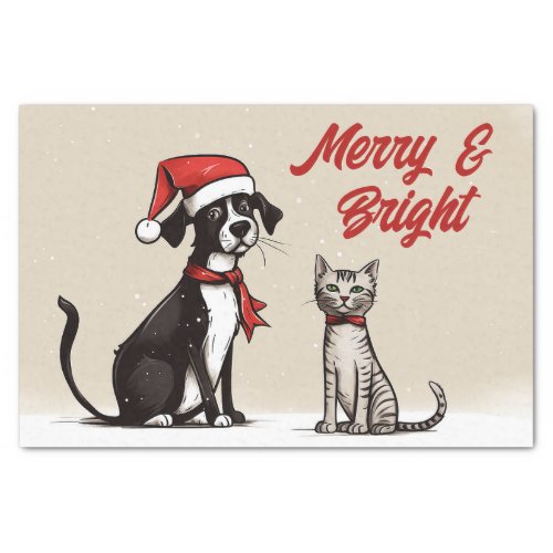 Cute Santa Dog and Cat Merry and Bright Christmas Tissue Paper