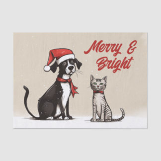 Cute Santa Dog and Cat Merry and Bright Christmas Tissue Paper