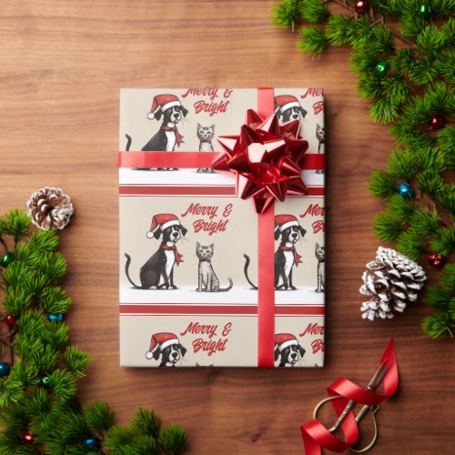 Cute Santa Dog and Cat Merry and Bright Christmas Wrapping Paper