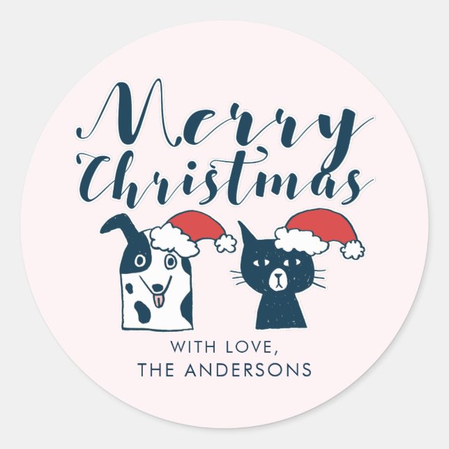 Cute Santa Dog & Cat Christmas Classic Round Sticker (Front)