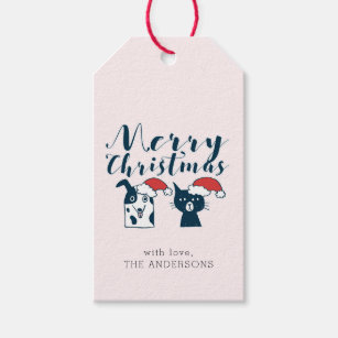 Cute Santa Dog & Cat Doodle   Add Your Name Gift Tags