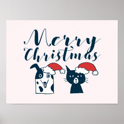 Cute Santa Dog  Cat Drawing  Merry Christmas Poster