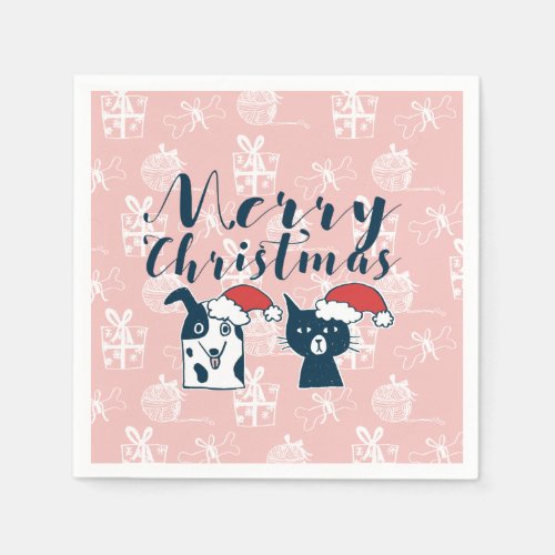 Cute Santa Dog  Cat Illustration Christmas Paper Napkins
